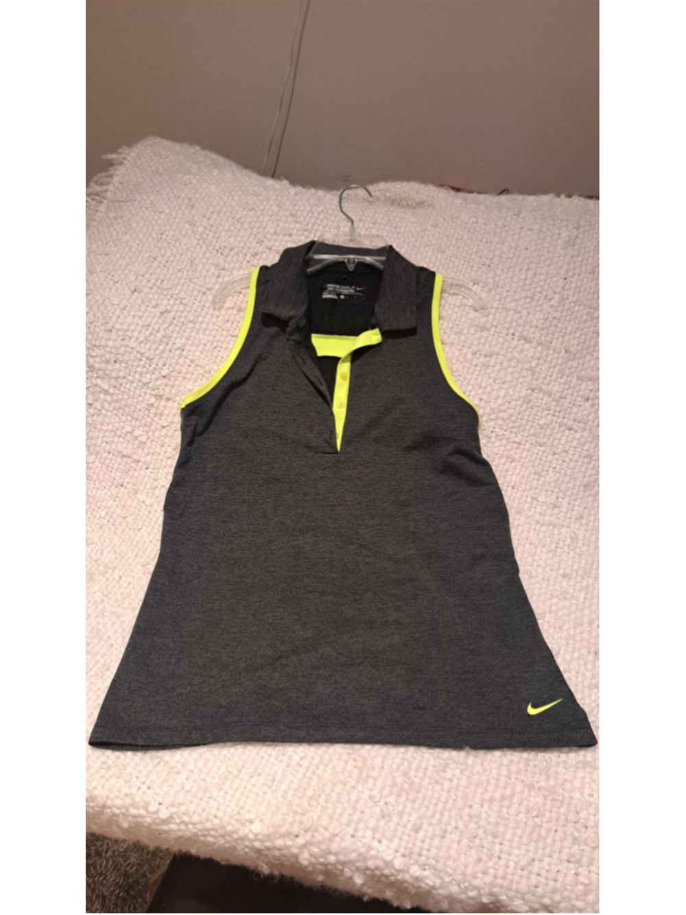 613-Women's Nike Golf Sleeveless Polo Tank Top Grey Neon Yellow Size L